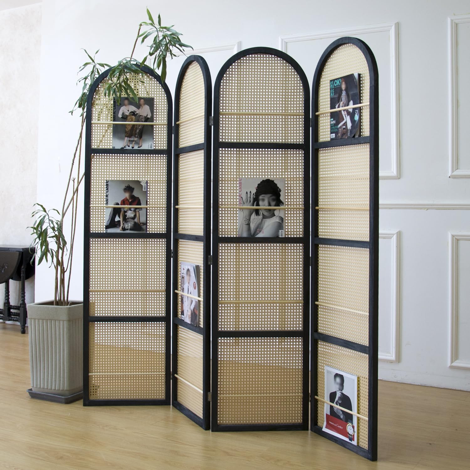 Photo 1 of **TOP OF ONE ARCH MAJOR DAMAGE**Furnnylane 4 Panel Rattan Room Divider with Book Shelf, 5.9 ft Tall Arched Top Folding Privacy Screen, Decorative Panel Screen with Premium Thickened Wood Frame for Home & Office (70.9" H x 70.9" W)
