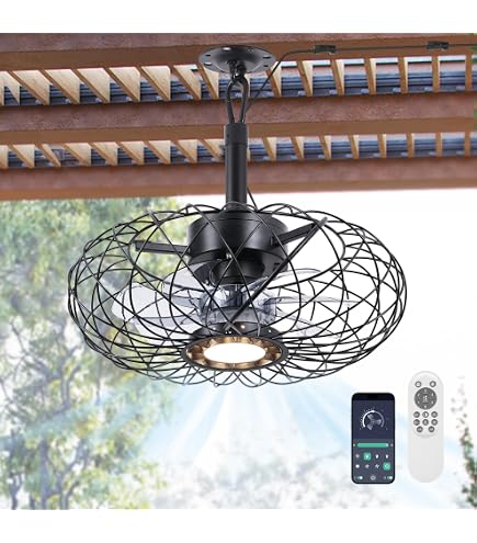 Lumcool 20\" Waterproof Gazebo Fan Outdoor Hanging, IP55 Wet Rated, Remote&Smart App Control, Hook Mount Corded Fandelier Ceiling Fan With 3CCT Dimmable LED Light, Plug In Caged Fan For Patios Pergola