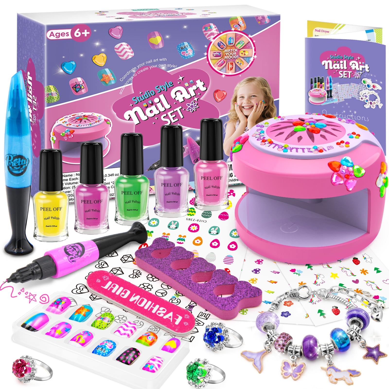 LemonDream Kids Nail Art Kit for Girls, Gifts for Girl Nail Varnish Set, Girls Toys Age for 6-12,Presents Girl Nail Varnish Set with Charm Bracelet Making Kits for Birthday Christmas Party