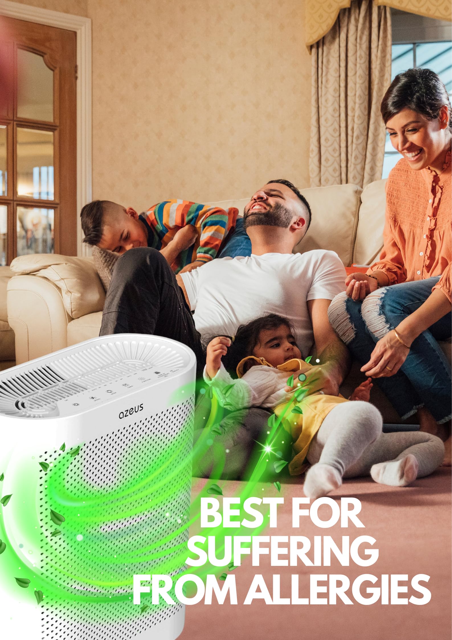 AZEUS True HEPA Air Purifier | for Home, up to 1080 sq ft Large Room, Office or Commercial Space | Filter 99.97% Pollen, Smoke, Dust, Pet Dander | Auto Mode | Air Quality Sensor | Night Light