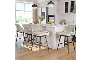 MEISSALIVVE Bar Stools Set of 4, Rattan Counter Height Bar Stools, 26" H Swivel Patio Bar Stools with Boho Woven Rope Back for Kitchen Patio Garden Cushions Included, Beige