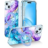 Shecaset for iPhone 15 Plus Case,[Compatible with MagSafe][Magnetic Invisible Ring Stand],Shockproof Protective Slim Fit for Women Girl for iPhone 15 Plus Case,Blue Violet Marble