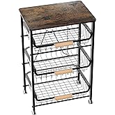 NiuYichee 4-Layer Fruit Basket Kitchen Food Organizer and Rack, Stackable Storage Cart with Desktop, Pull-Out Hollow Metal Basket, Sliding Out Storage (Black 4-Layer Rack)