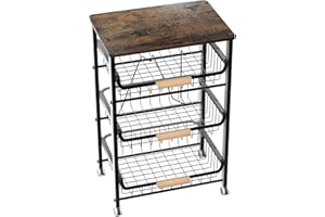 NiuYichee 4-Layer Fruit Basket Kitchen Food Organizer and Rack, Stackable Storage Cart with Desktop, Pull-Out Hollow Metal Basket, Sliding Out Storage (Black 4-Layer Rack)