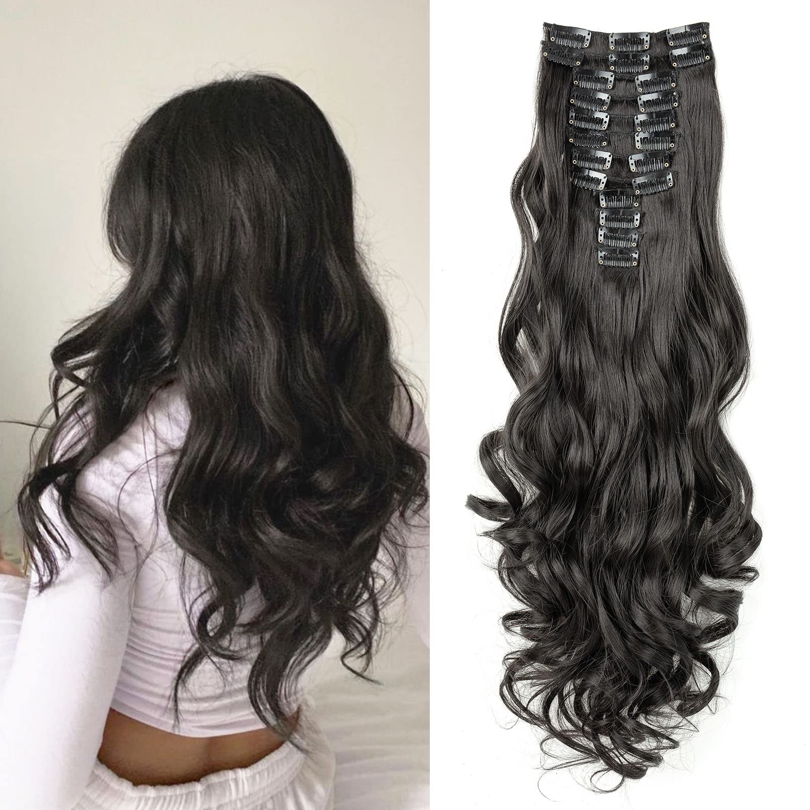 22 Inch Long Curly Clip-in Hair Extensions, Full Head Synthetic, 180g Thick Double Weft, Off Black Wavy Hairpieces for Women