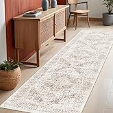 EISUROM Washable 2'6''x8' Runner Rug - Non-Slip Vintage Runner Rug for Entryway Low-Pile Medallion Long Rugs for Hallway Waterproof Traditional Indoor Thin Rug for Kitchen (Cream/Beige)