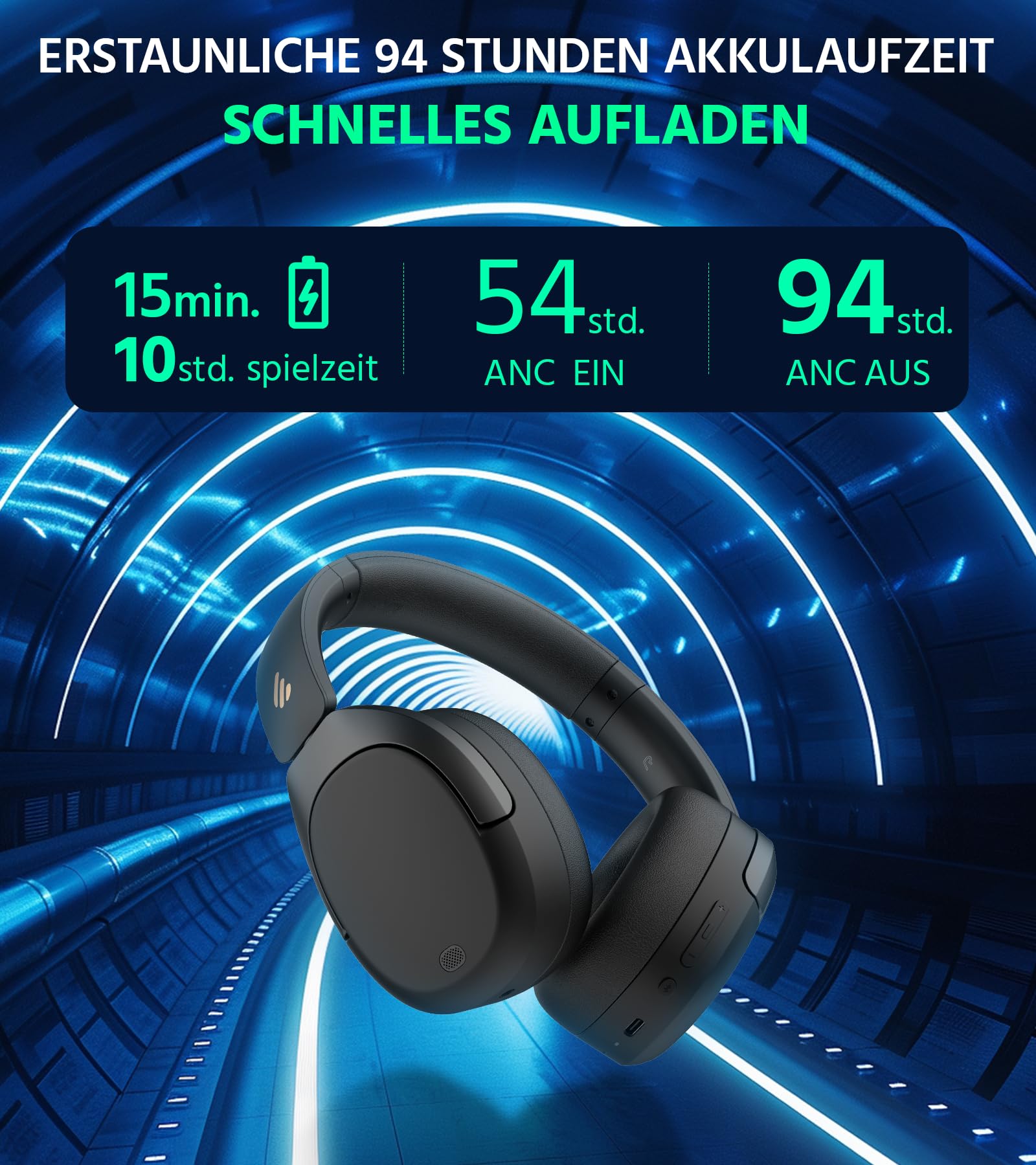 Edifier W830NB Wireless Over Ear Kopfhörer mit -45dB ANC, 94Std. AKKU, LDAC Hi-Res Sound, Spatial Audio, Schnellladung, Bluetooth V5.4 - Schwarz 5