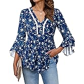 VALOLIA Women Dressy Casual Blouses 3/4 Length Ruffle Sleeve Lace V Neck Peplum Tunic Babydoll Tops 2025 Trendy