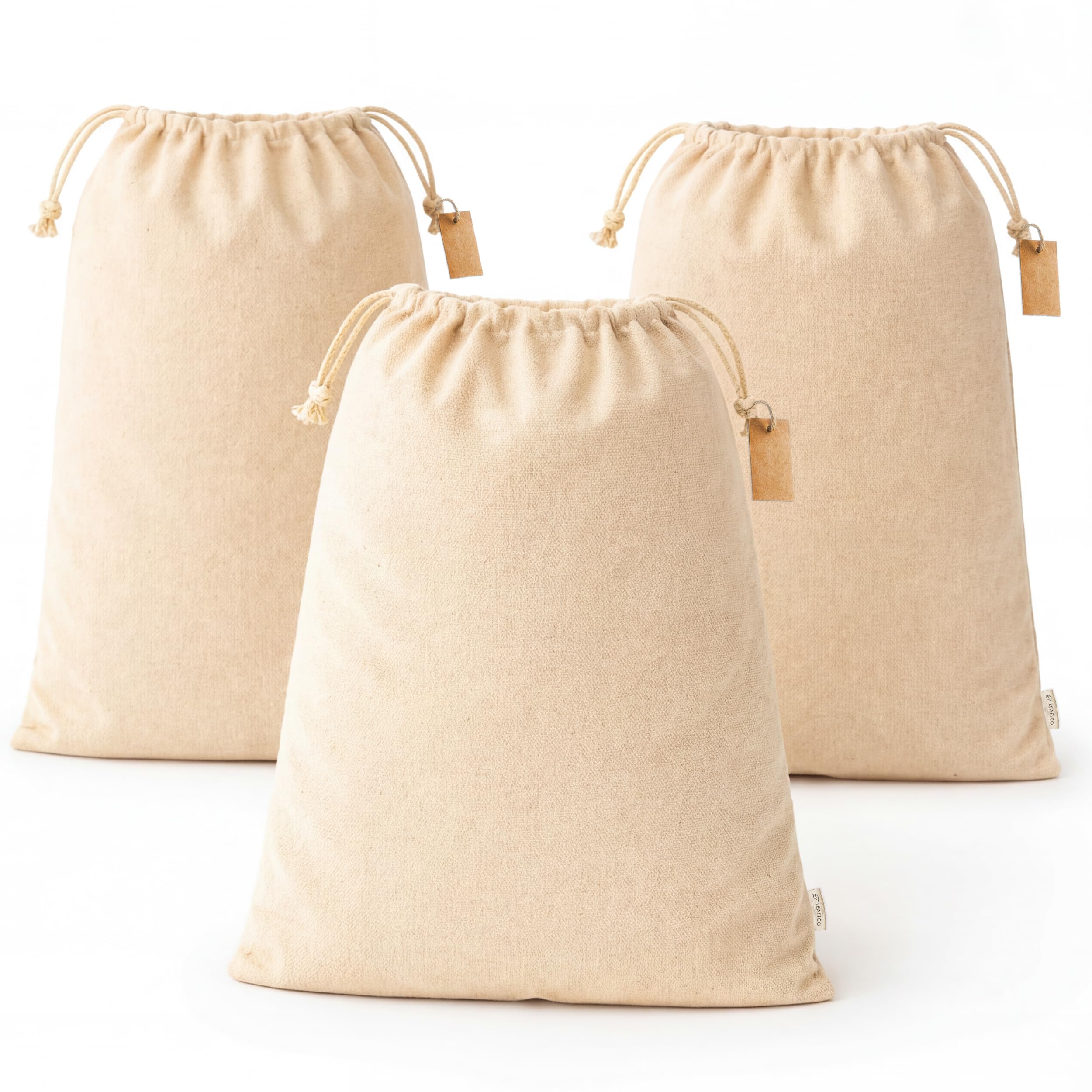 Leafico Reusable Cotton Storage Bags - Extra XX-Large 48x59 cm - Cloth Bags with Drawstrings Canvas Fabric Sacks for Laundry Shoes Handbags Purses (3pack)
