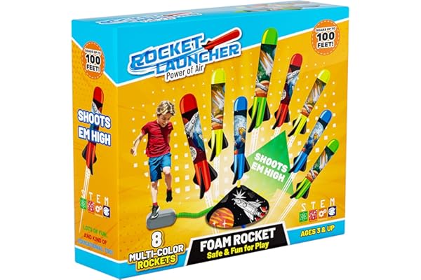 Otoseth Toys Rocket Launcher for Kids - Launch up to 100 Ft, 8 Multi-Color Foam Rockets & Adjustable Launch Stand, Kids Outdo