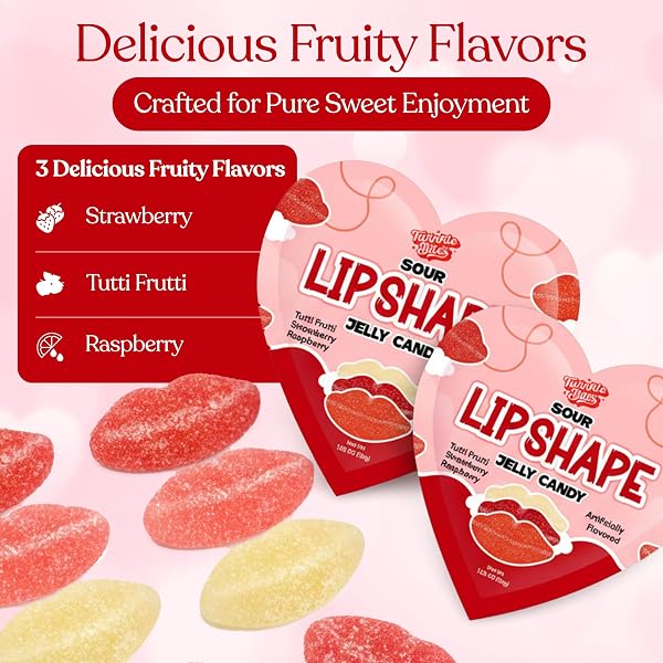 75 PCS – 15 PACKS OF 5 VALENTINE’S DAY SOUR PUCKER GUMMY – HEART SHAPED PACKS WITH 5 LIP CANDY IN EACH BAG, STRAWBERRY, RASPBERRY & TUTTI FRUTTI FLAVORS, VALENTINE CANDY GIFT BOX
