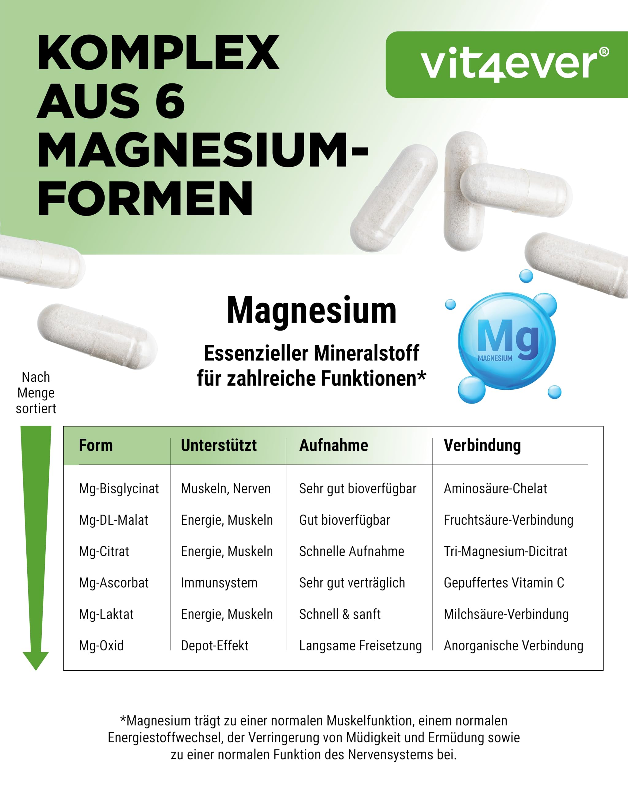 vit4ever Magnesium Komplex hochdosiert 375 mg - 6-fach mit hohem Bisglycinat-Anteil - 300 Kapseln (100 Tage) - mit Citrat, Malat, Ascorbat, Laktat - vegan, ohne unnötige Zusatzstoffe, laborgeprüft 4