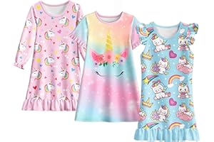 LQSZ Girls Nightgowns 3-Pack Toddler Nightdress Dress Sleepwear Pajamas for Girls 3-10 Years