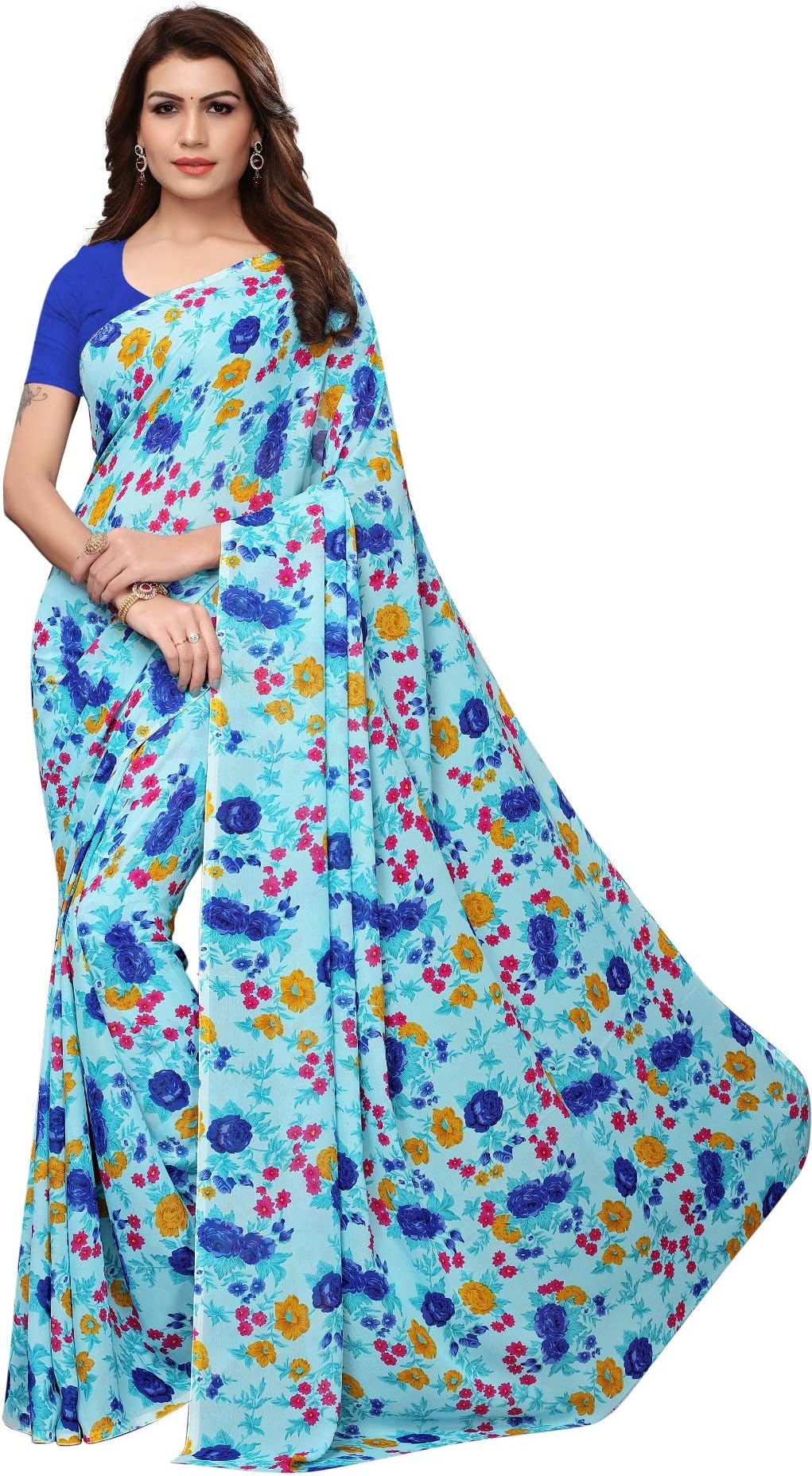 Kanchan Women's Venkatgiri Crepe & Georgette Saree With Blouse Piece (GEORGETTE-2_Blue)