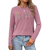 HQP Women's Vintage Floral Long Sleeve T Shirt Boho Floral Printed Shirt Wildflower Graphic Tee Casual Tops