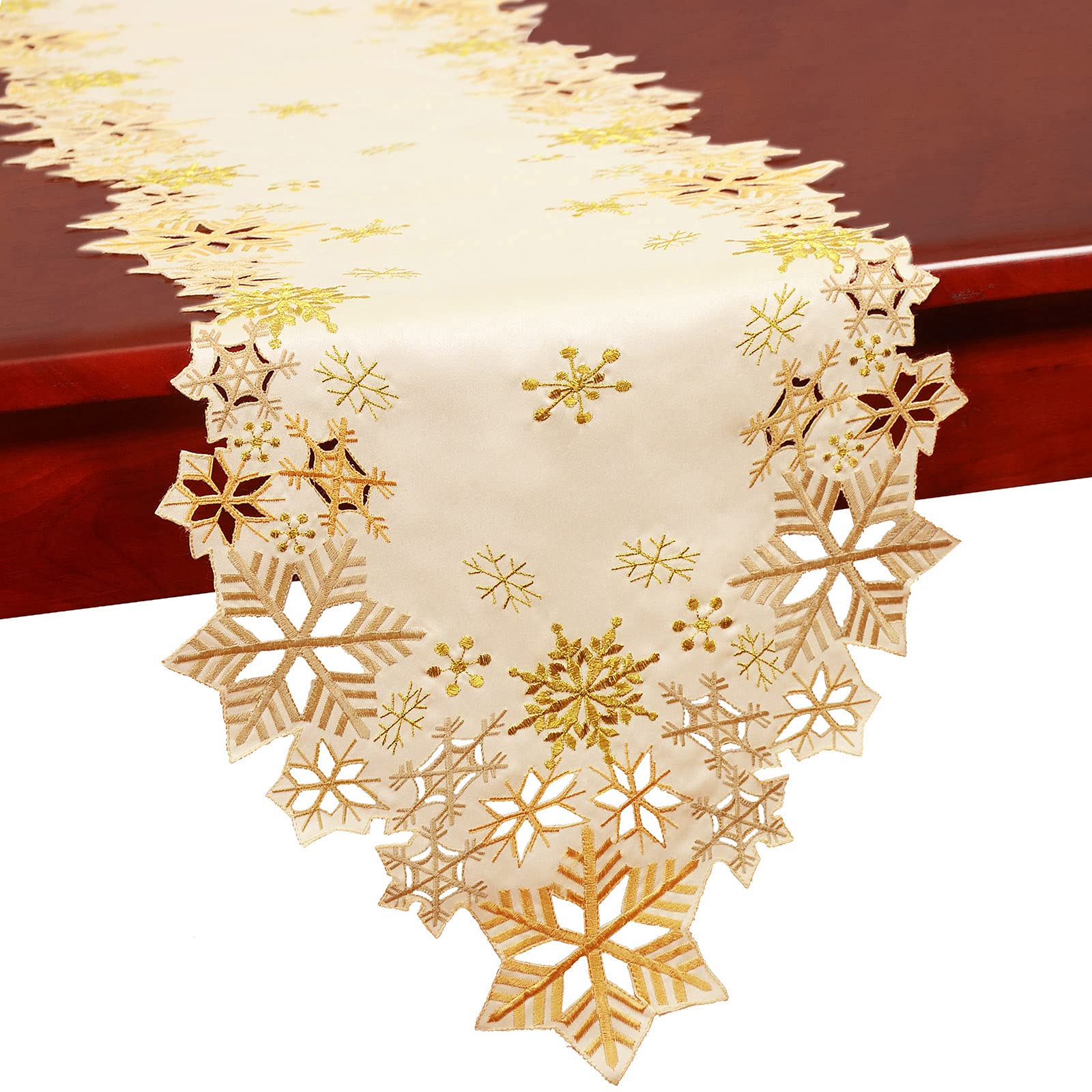 Simhomsen Embroidered Gold Snowflakes Table Runners for Christmas Holiday and Winter (Gold, 14×90 inches)