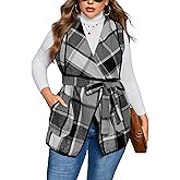 ZOMVA Women's Plus Size Plaid Long Vest Lapel Open Front Belted Sleeveless Shacket Casual Jackets Coat with Pockets Fall