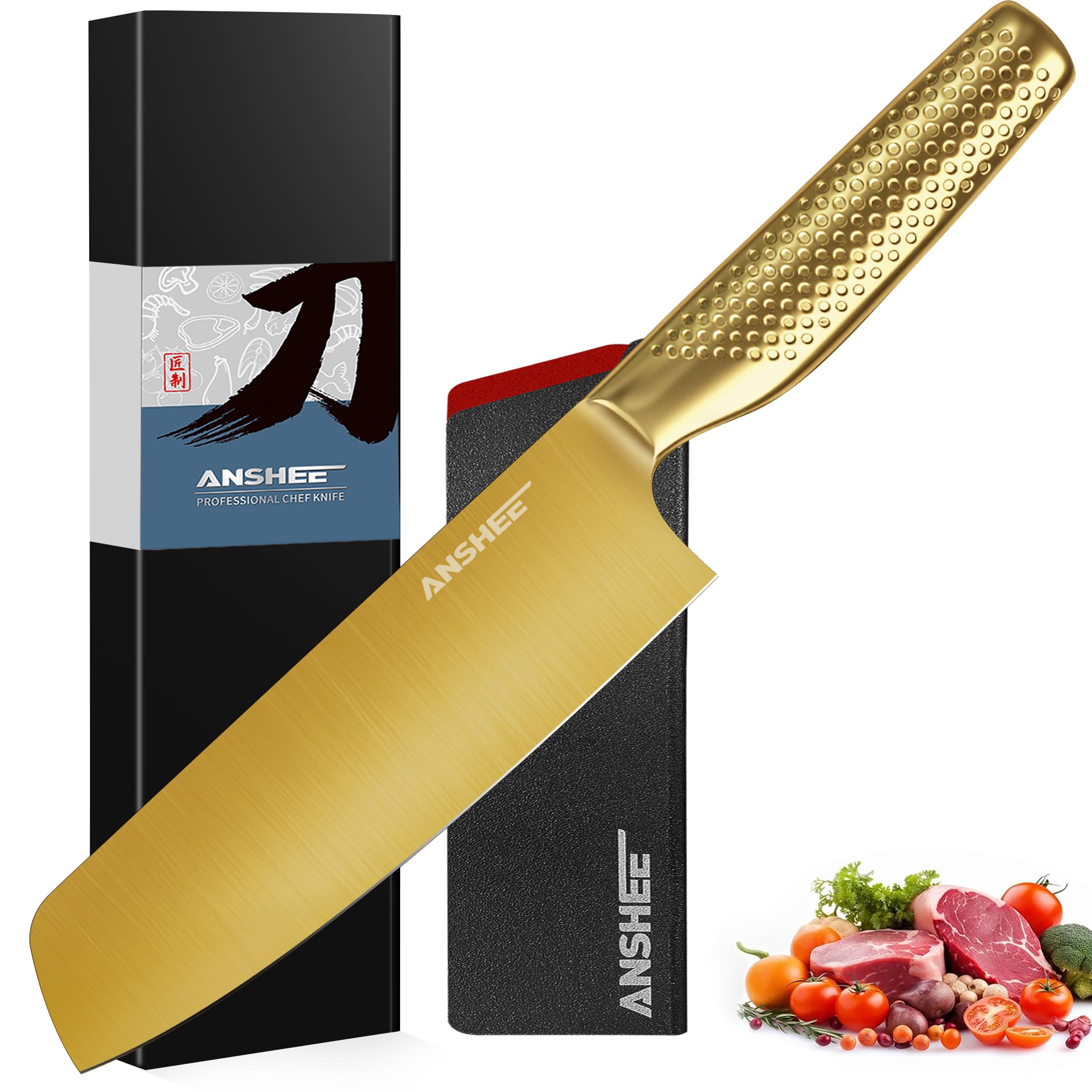 ANSHEE 7 Inch Japanese Santoku Knife High Carbon Stainless Steel Gold-Colored ProfessionalChef Knife,Multipurpose Kitchen Blade Ultra Sharp with Sheath/Gift Box for Meat,Veggies,Fruits Home&Restaurant