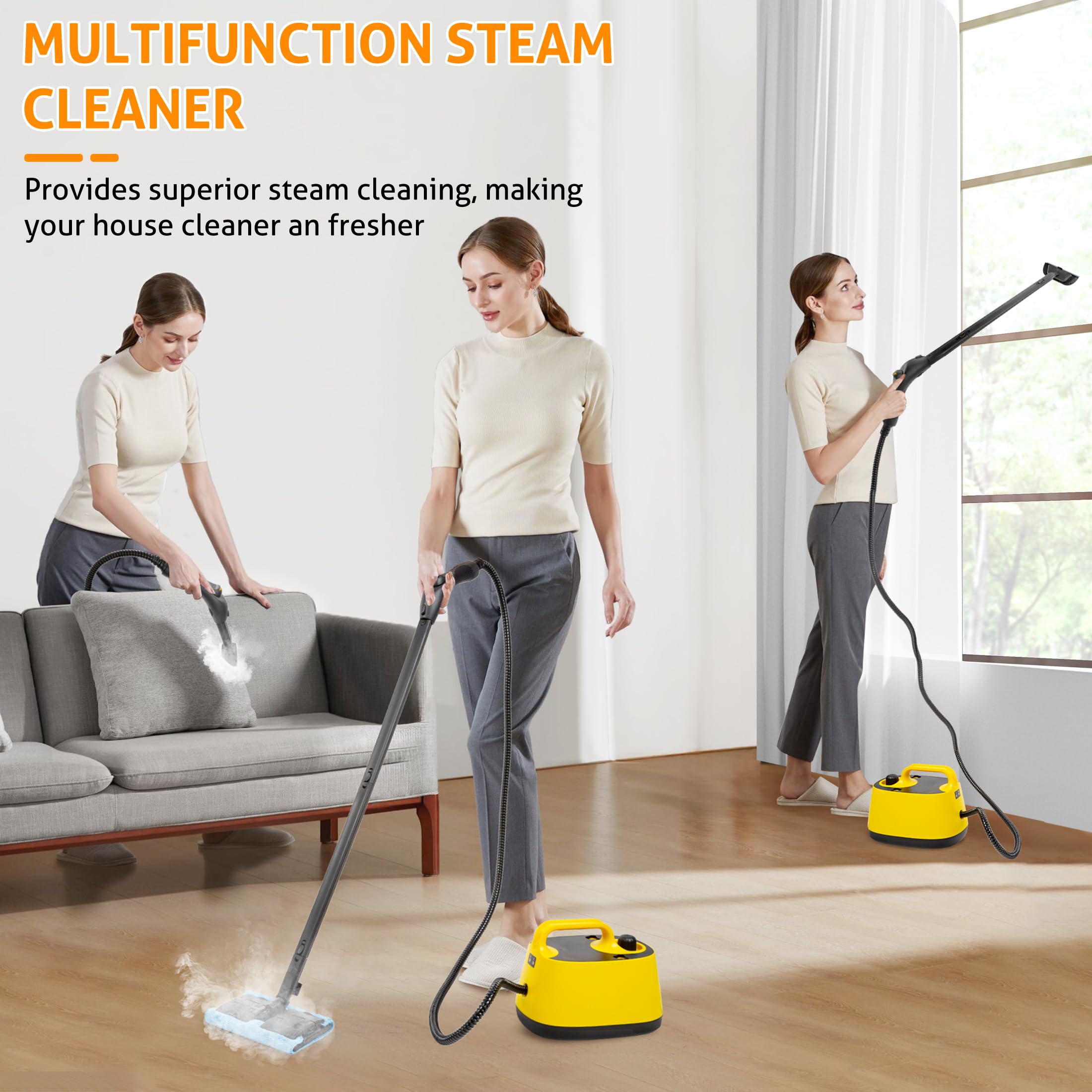 WICHEMI Steam Cleaner with Extension Pole, 51 oz, Steam Cleaner for Home, Adjustable Steam Pressure, 26 Accessories, Handheld Steam Cleaner for Walls, Gaps, Hard Floors, and Tiles