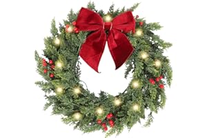 HipTree 26 Inch Christmas Wreaths for Front Door with Lights,Lighted Cedar Door Wreath,Prelit Real Touch Artificial Green Winter Wreath with Large Burgundy Velvet Bow for Indoor Outdoor Decor