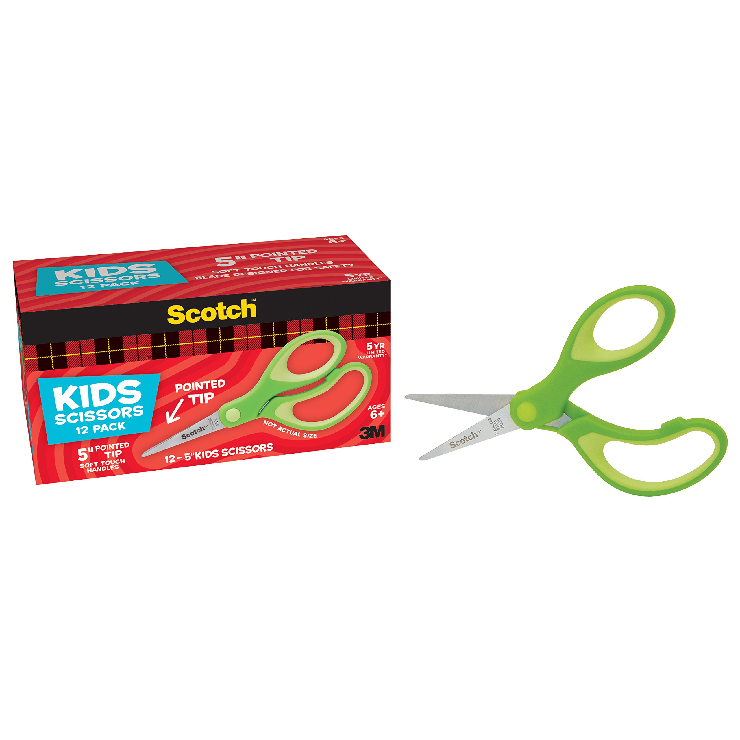 Scotch 5-Inch Soft Touch Pointed Kid Scissors, 12 Count Teacher Pack, Green (1442P-12)