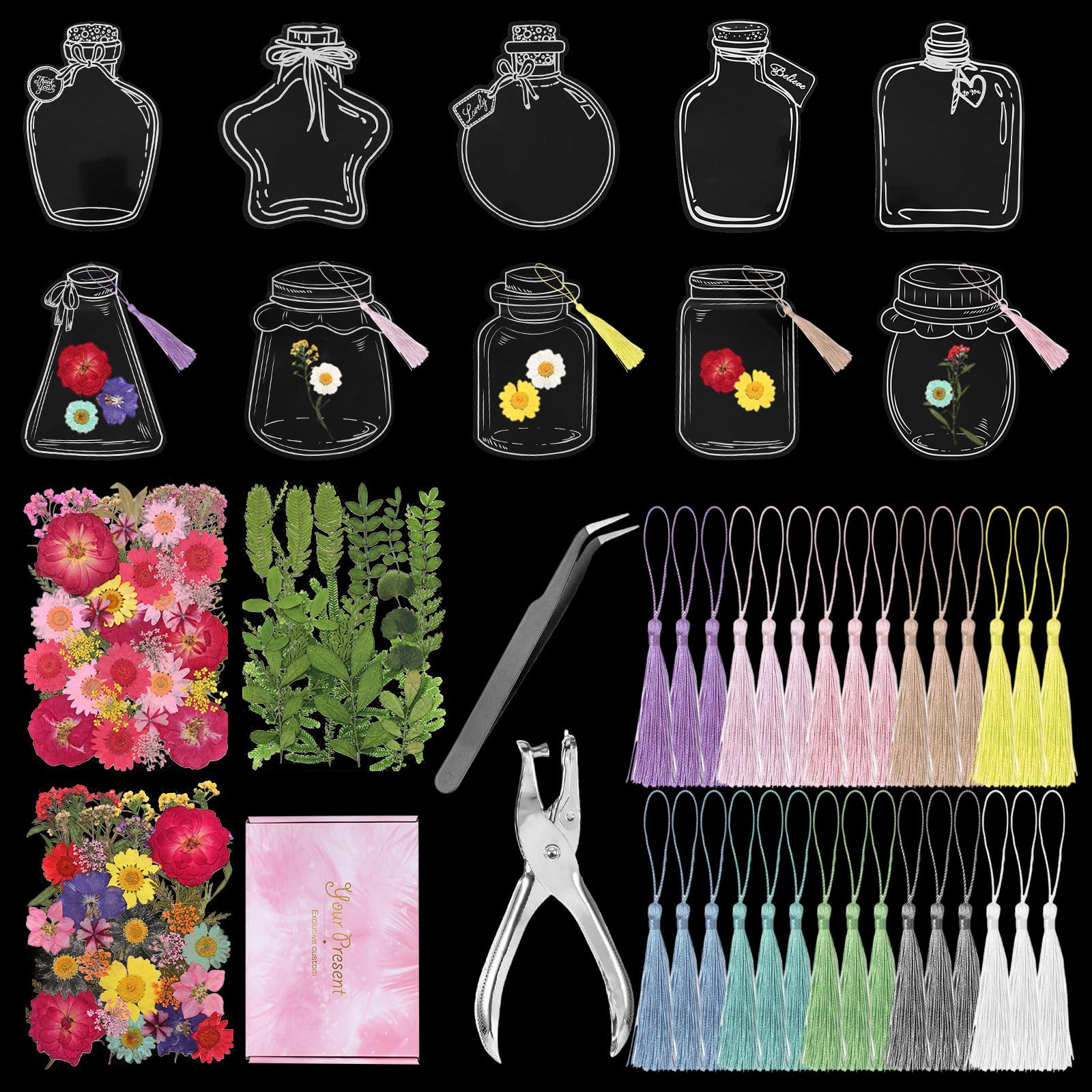 Photo 1 of 185 Pcs Transparent Bookmarks for Dried Flowers,DIY Kit Include 40 Clear Bookmarks,80 Dried Flowers,21 Dry Leaves,40 Colorful Tassels,1 Tweezer,1 Hole Puncher,2 Glue Stickers-100 Dots