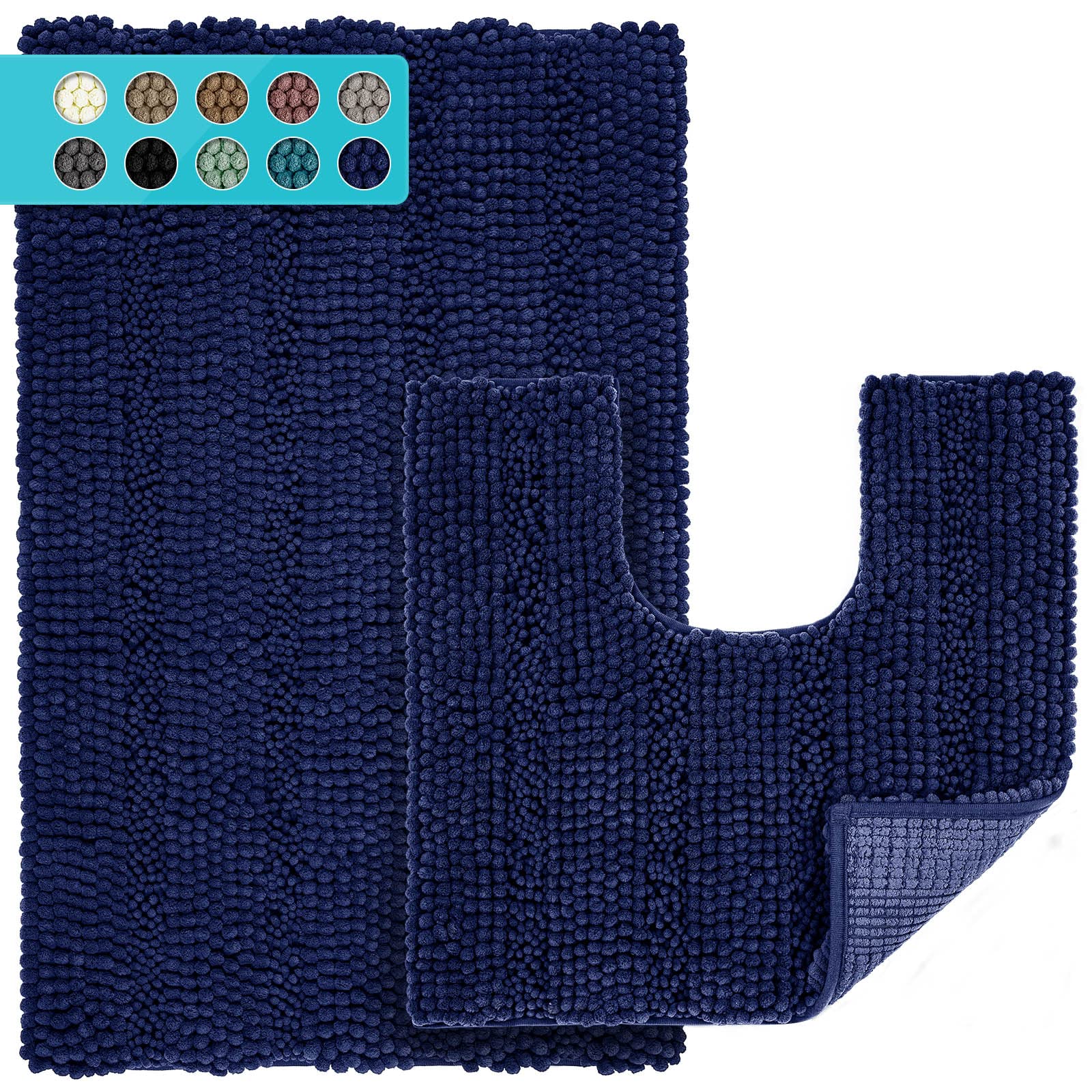 JARITTO Bath Mat Set 2 Pieces Non Slip Bathroom Mat for Shower Bathtub & Pedestal Mat for Toilet Curved U Shape Rug Machine Washable Absorbent Microfiber - 51x81cm + 51x51cm (Dark Blue)