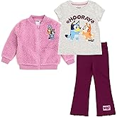 Bluey Girls Faux Shearling Zip Up Bomber Jacket, T-Shirt & Ribbed Flare Pants 3 Piece Outfit Set Toddler to Big Kid Sizes