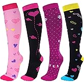 cnomg Women Compression Socks Knee High Heart 15-30 mmHg 4 Pairs Valentine Compression Socks Graduated for Running Athletic Nurses Work Support Travel Flight Sports