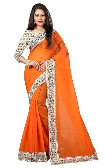 Rajeshwar Fashion With Rf Womens Chanderi Cotton Silk Saree Printed Lace Work With Blouse Piece (DULHAN B ORANGE,1_Free Size)