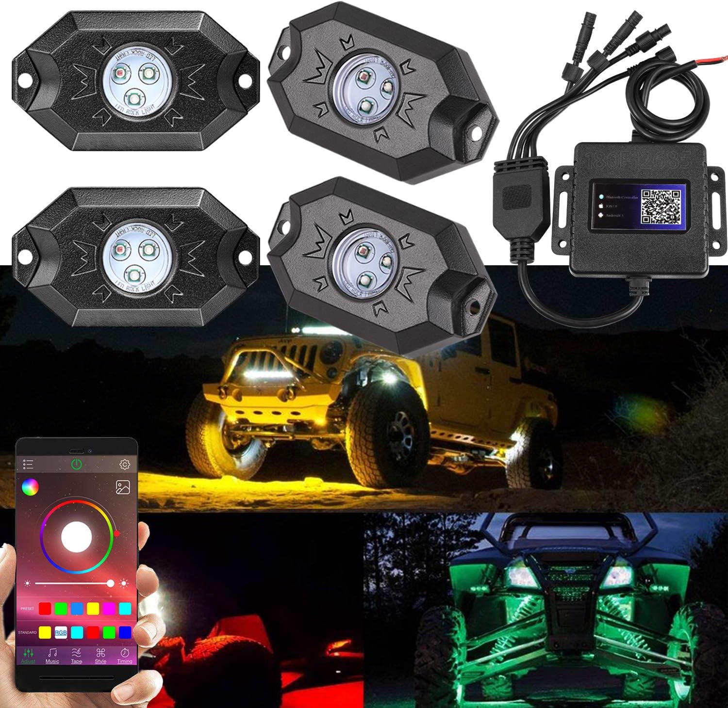 RGB LED Rock Light, Moso LED 4 RGB LED Pods Multicolor Neon Rock Light Kit with Bluetooth Remote Control Muiti-Modes Underglow Rock Rail Lights for ATV SUV Off-Road Truck Boat Marine