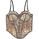 SweatyRocks Women's Leopard Mesh Corset Bustier Sleeveless Spaghetti Strap Y2K Camisole Tops