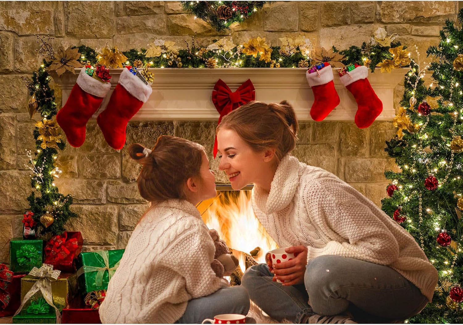 8x6ft Soft Wrinkle Free Fabric Christmas Fireplace Theme Backdrop for Photography Tree Sock Gift Decorations for Xmas Party Supplies Photo Background Pictures Banner Studio Decor Booth Props - Image 4