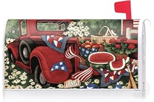 Texupday USA Patriotic Red Truck Mailbox Cover with Magnetic Strip Spring Summer Daisy Flower Fruites Mailbox Wraps Post Letter Box Cover Standard Size 21" X 18" for Garden Outdoor Yard Decor