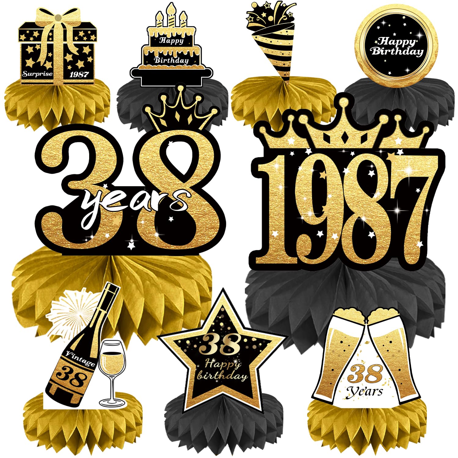 Photo 1 of 38th Birthday Decorations Set, 1987 Table Toppers for Women Men Birthday Party Supplies, Happy 38 Year Old Table Decoration for Her Him, 9Pcs Black & Gold Honeycomb Centerpieces