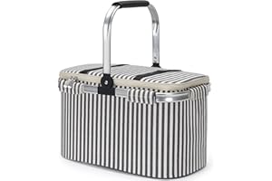 HappyPicnic Insulated Picnic Baskets, 26L Cooler Bag, Shopping Basket, Collapsible Picnic Cooler with Aluminium Handle for Food, Camping, Work or Outdoor Hiking