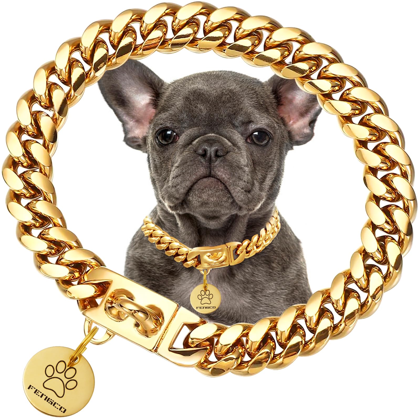 Gold Dog Chain Collar with Dog Tag Pendent Metal Chain Collar Necklace18K Gold Plated Stainless Steel Pet Cuban Links Collars for Dogs(26inch)