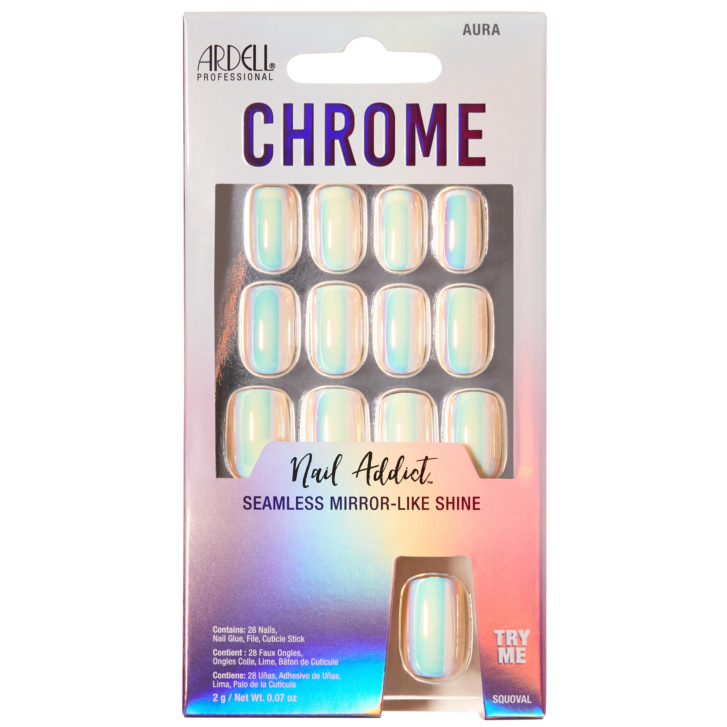 Ardell Nail Addict Chrome Aura, Press On Nails, Short Square Shape, Nail Kit, 1-Pack