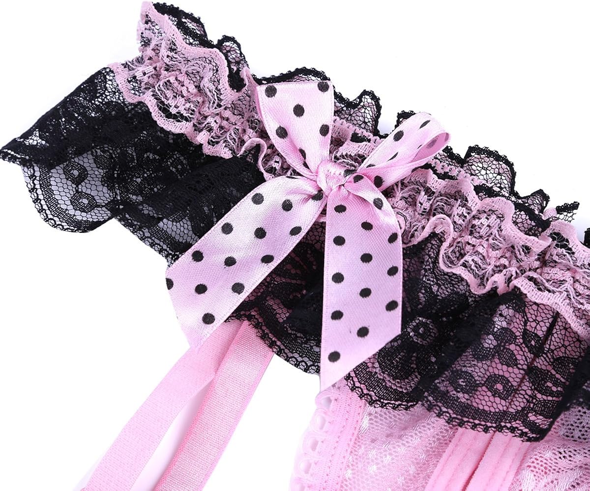 CHICTRY Women's Ruffle Lace Floral Ruffles G-String Thong Underwear with Massage Pearl and Garters Pink One Size: Clothing