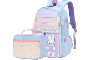 GAZIGO Girls Backpack Elementary School, Bunny Backpack for Girls with Lunch Box Cute Kids Bookbag Set Kindergarten Preschool Kawaii Toddler Knapsack(Lunch Bag Sets Blue)