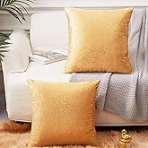 EUCIOR Gold Throw Pillow Covers,Mustard Yellow Pillow Covers 16x16,Light Gold Pillows Both Sides Sparkle Foil Print,Decor Soft Velvet Hidden Zipper Closure Accent Pillows Set of 2