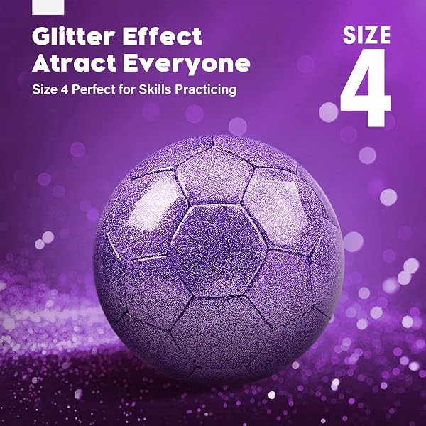 CHAMPHOX SIZE 4 SOCCER BALL GLITTER PINK – KIDS AGED 4-6 6-8 8-12 OUTDOORS SPORTS TRAINING BALL RECREATION PLAYING BALL TEENS GIRLS CHILDREN YOUTH BACK TO SCHOOL BIRTHDAY (GLITTER PURPLE, SIZE 4)