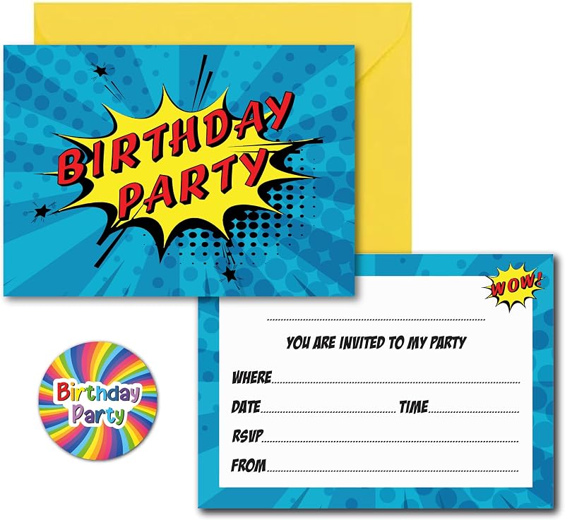 PartiKraft 12 Comic Superhero Birthday Invitations w/ Envelopes & Rainbow