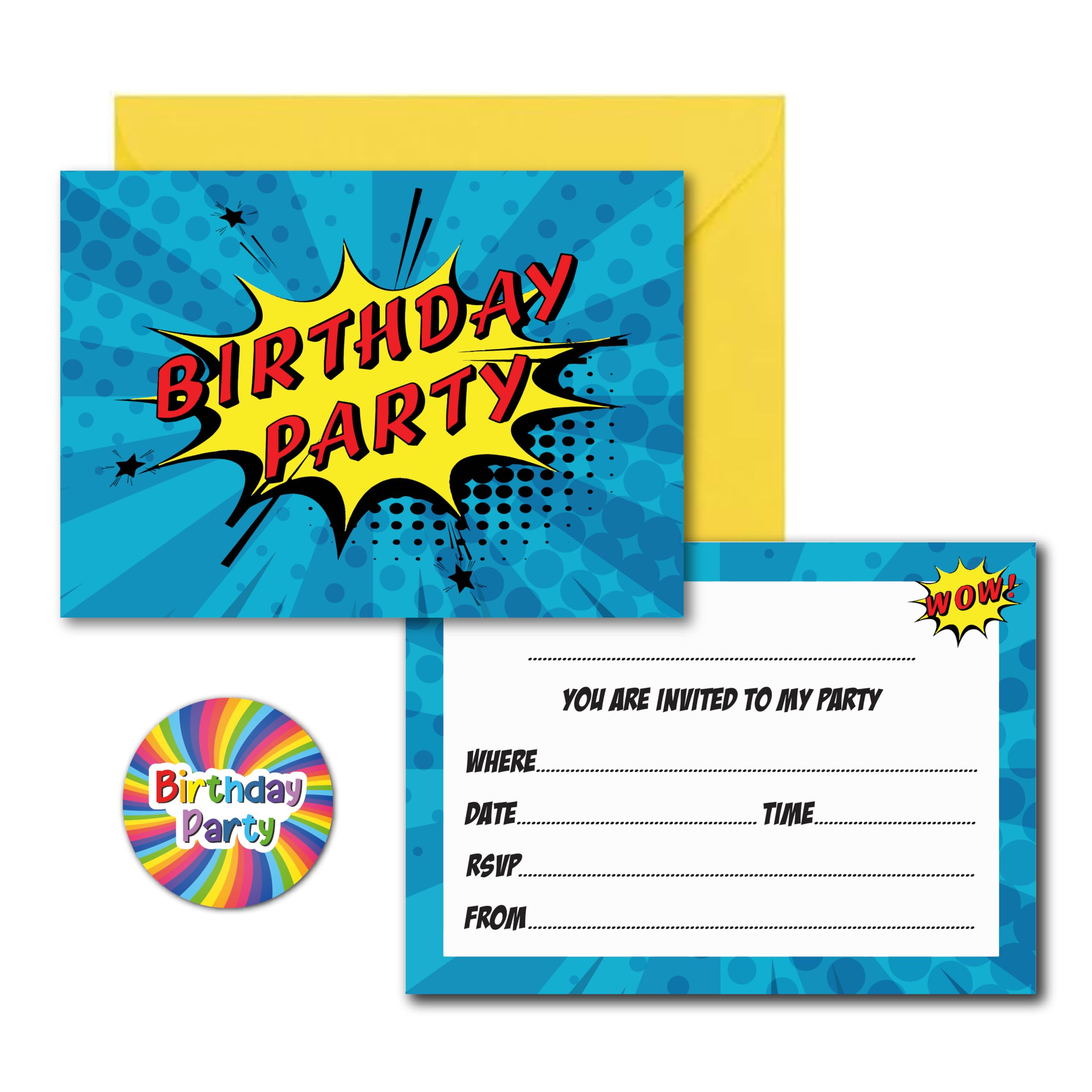 Pack of 20 x Comic Superhero Style Birthday Party Invitations Inc Yellow Envelopes & Rainbow Stickers