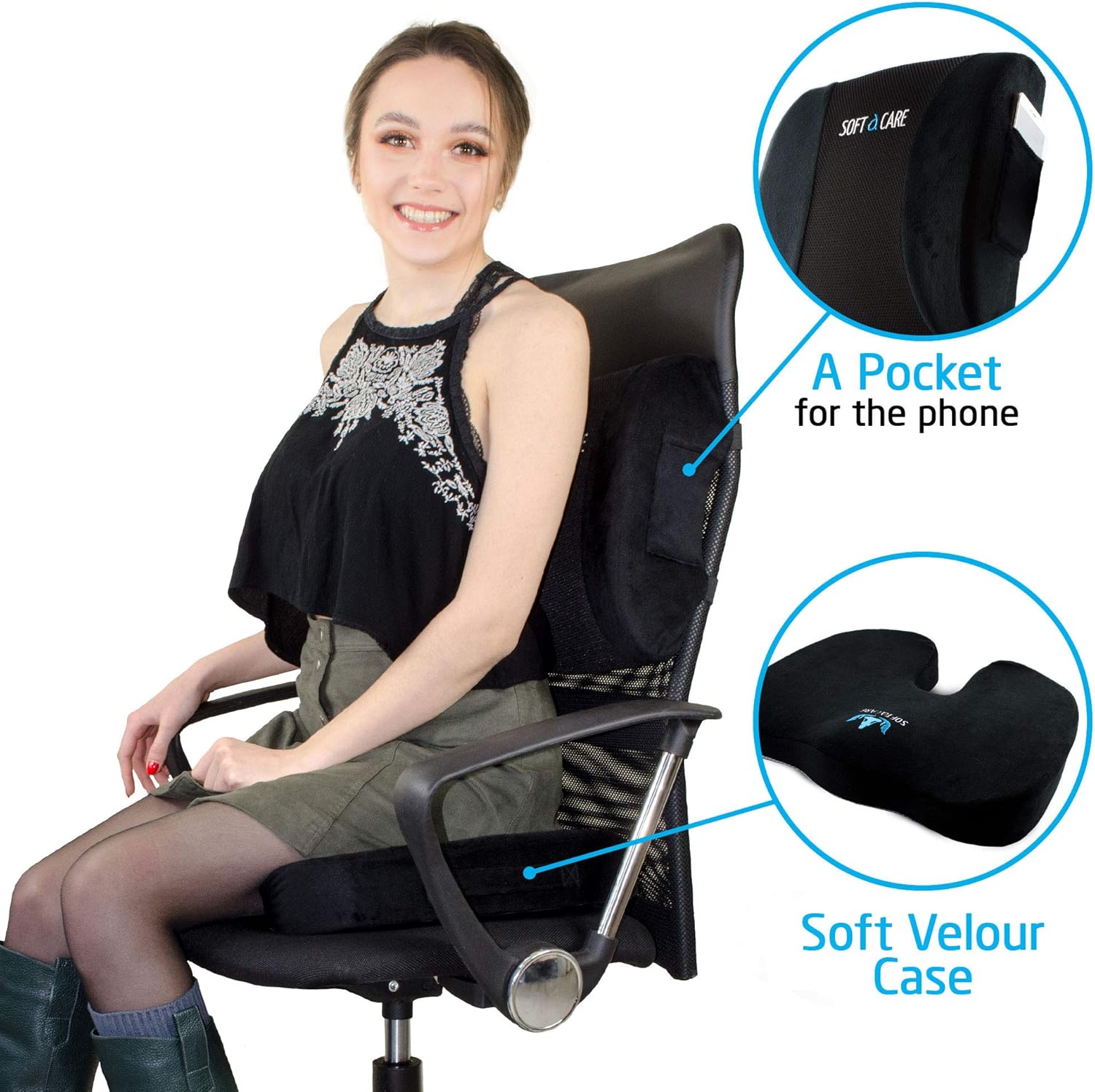 SOFTaCARE Seat Cushion Coccyx Orthopedic Memory Foam and Lumbar Support Pillow, Set of 2 (Black, 2 pcs): Home & Kitchen