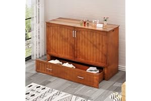 MUZZ Queen Size Murphy Cabinet Bed with Memory Foam Mattress, Charging Station and Large Drawer, Foldable Space-Saving Murphy Bed (Queen, Cherry)