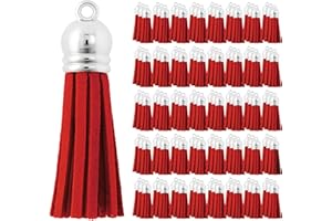 Mandala Crafts 100 Pcs Silver Cap Red Faux Suede Tassels Bulk Keychain Making Supplies - Small Leather Tassels for Charms, Jewelry Making, and DIY Crafts