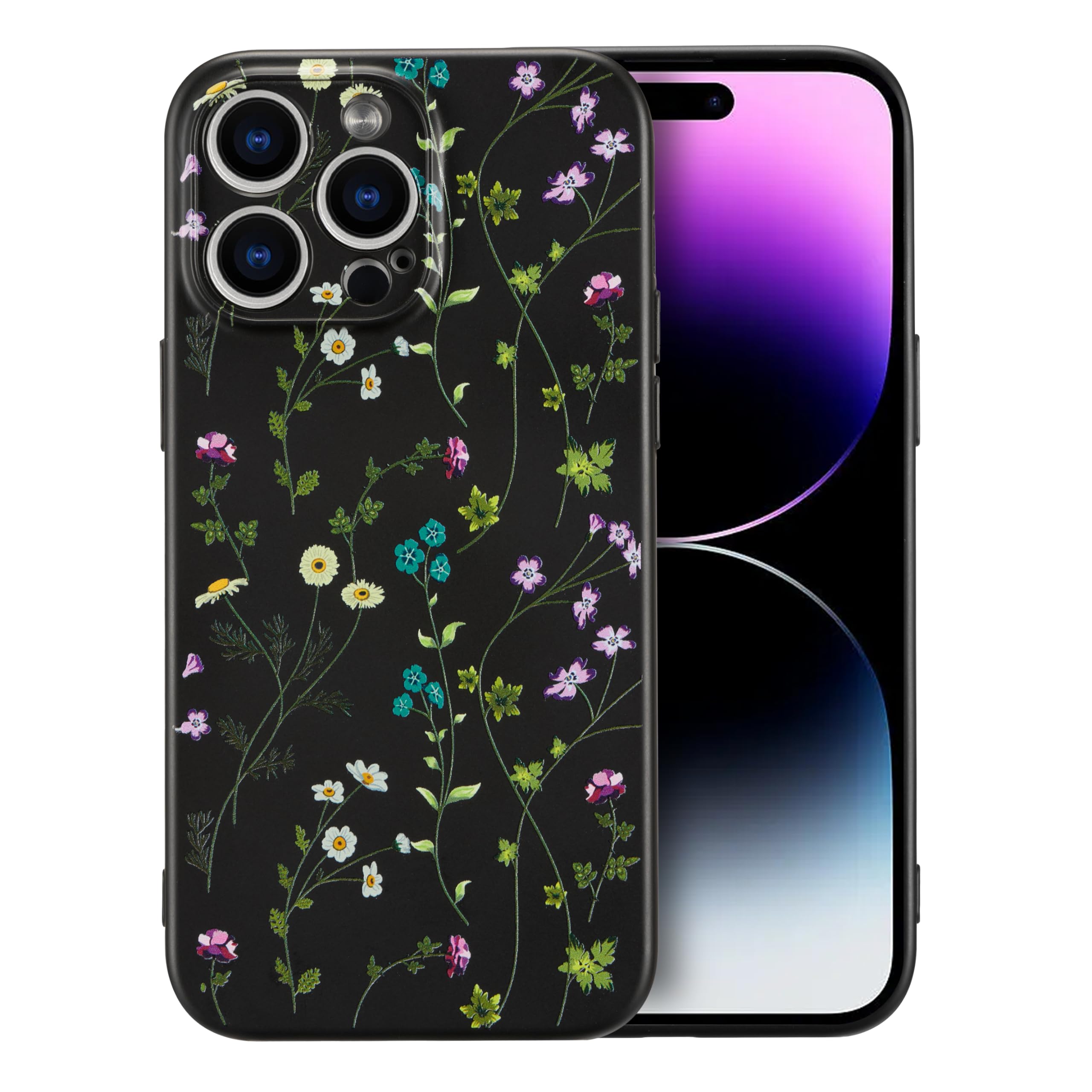 RALEAVO Flower Case for iPhone 14 Pro Max, Liquid Silicone Shockproof Protection Case Cover for Girls Women with Aesthetic Cute Floral Patterns Soft Slim Phone Case for iPhone 14 Pro Max 6.7"-Black — image 1