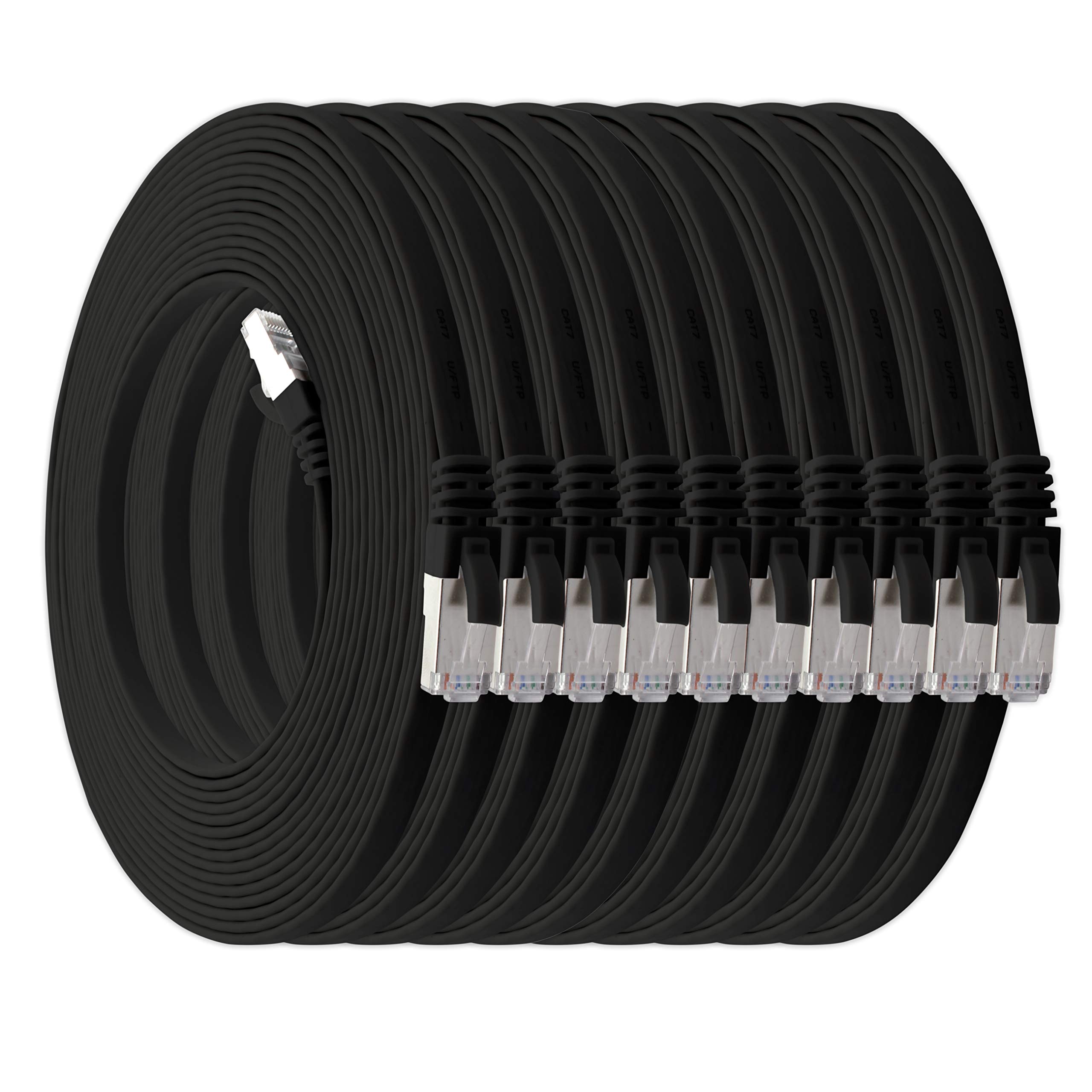 1aTTack.de 10m - black - 10 pieces Cat7 flat cable network cable Cat 7 raw cable Gigabit Lan (10Gbit/s) ribbon cable installation cable patch cable flat slim Rj 45 plug Cat6a