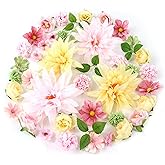 LACGO 48 PCS Artificial Flowers Heads Combo Mix Silk Flowers Heads Bulk for DIY Wedding Bouquets Garland Cake Graduation Cap Hair and Home Decorations(Pink Green Yellow)